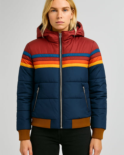 Multi-Stripe Waterproof Hooded Puffer Jacket