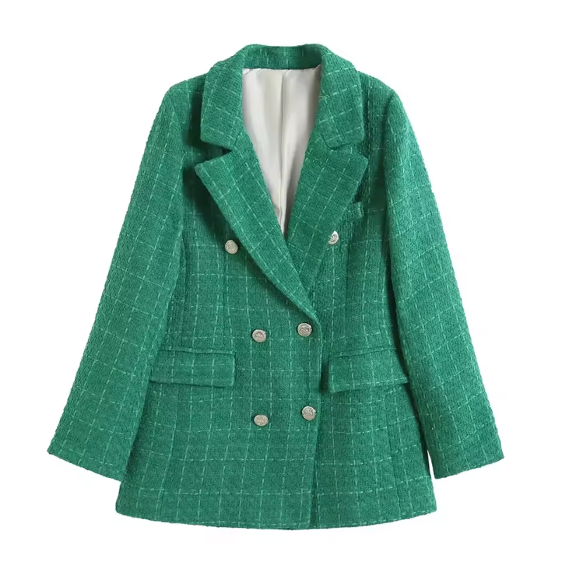 Bouclé Blazer with Gold-Tone Button Accents, Notched Lapels, and Flap Pockets