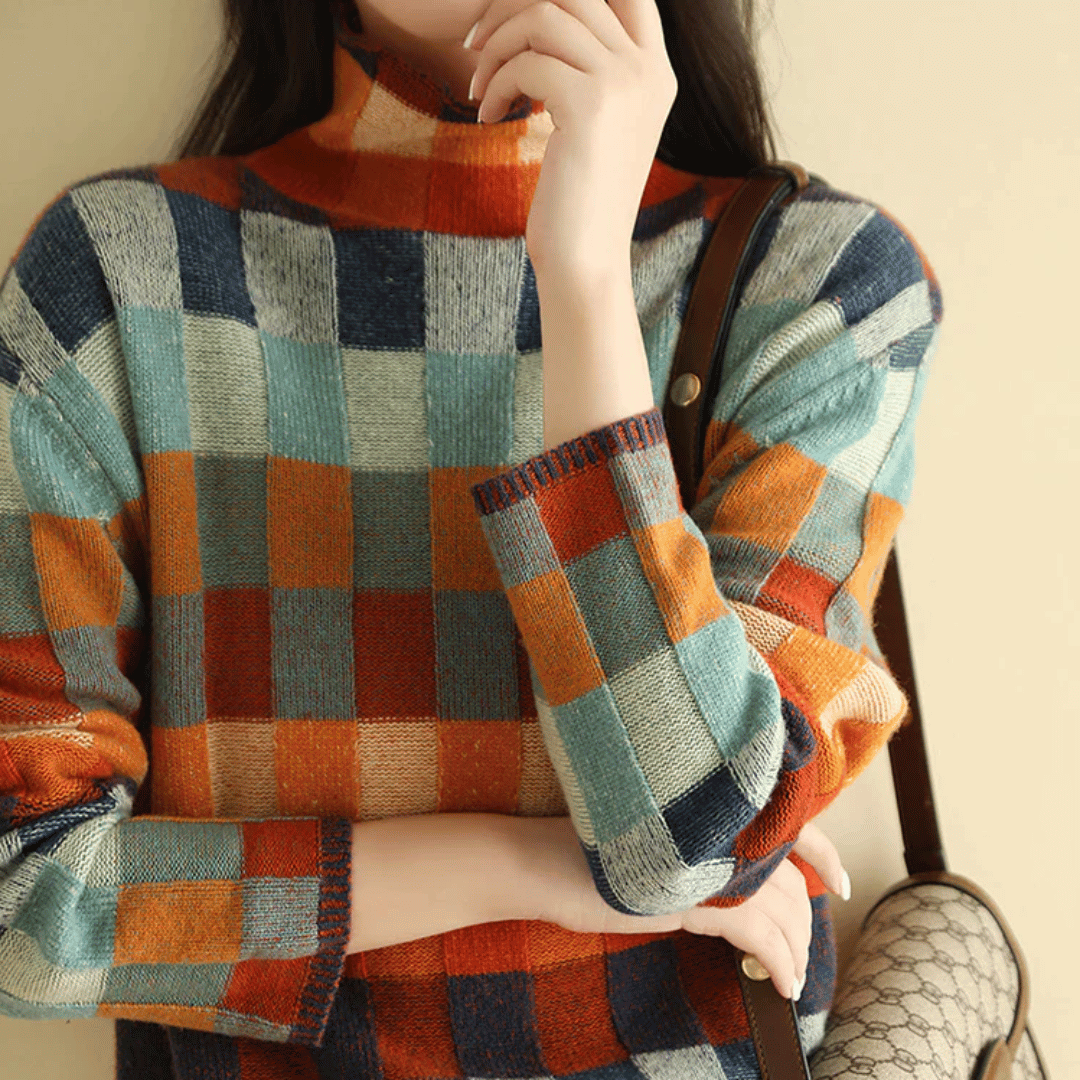Color Block Check Turtleneck Cashmere Sweater – Relaxed Fit, Ribbed Trim