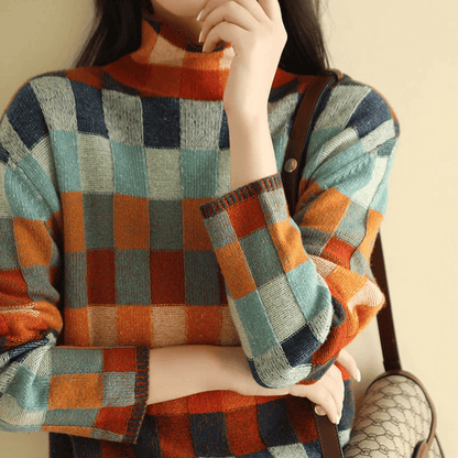 Color Block Check Turtleneck Cashmere Sweater – Relaxed Fit, Ribbed Trim