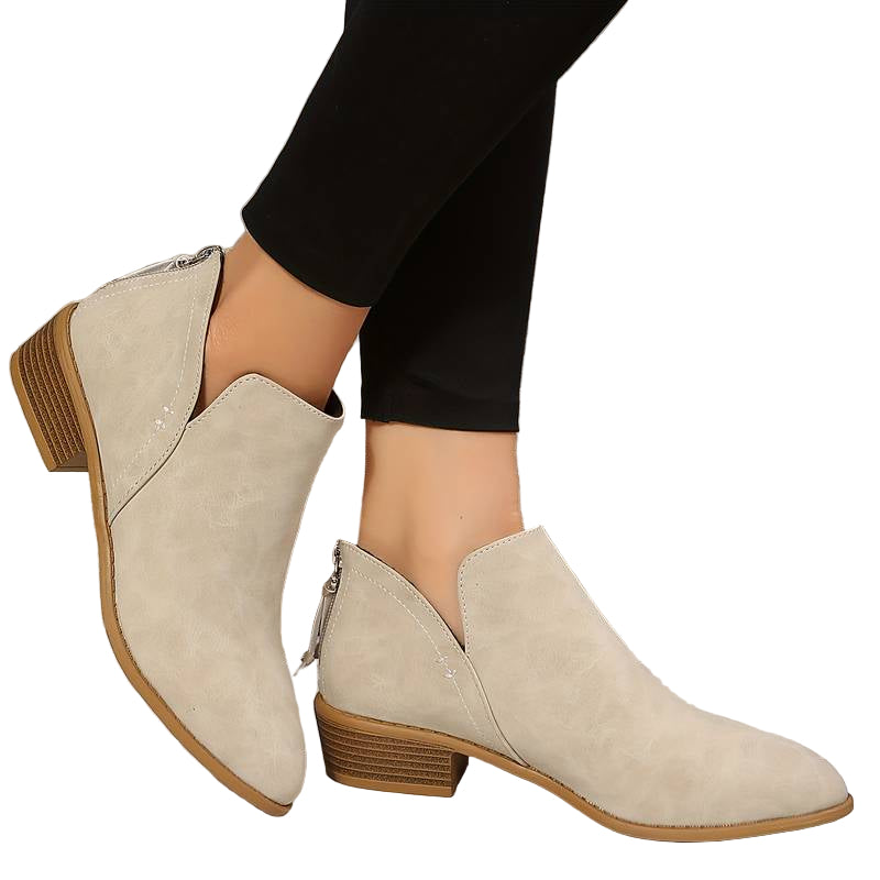 Textured Faux Suede Ankle Booties with V-Cut Front and Low Stacked Heel