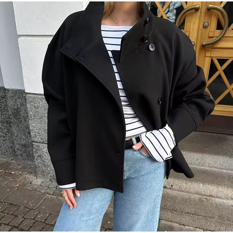 Single-Breasted Cropped Jacket with Wide Collar and High Neckline Detail