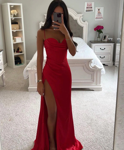 Maxi Dress with Spaghetti Straps, Corset Bodice, and High Slit