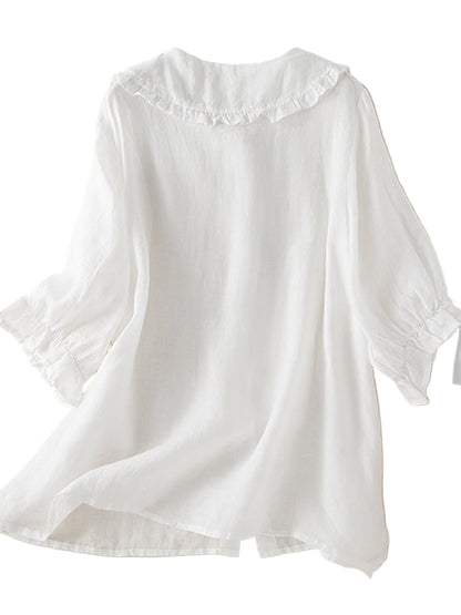 Button-Down Blouse with Ruffle Collar and Puffed Three-Quarter Sleeves