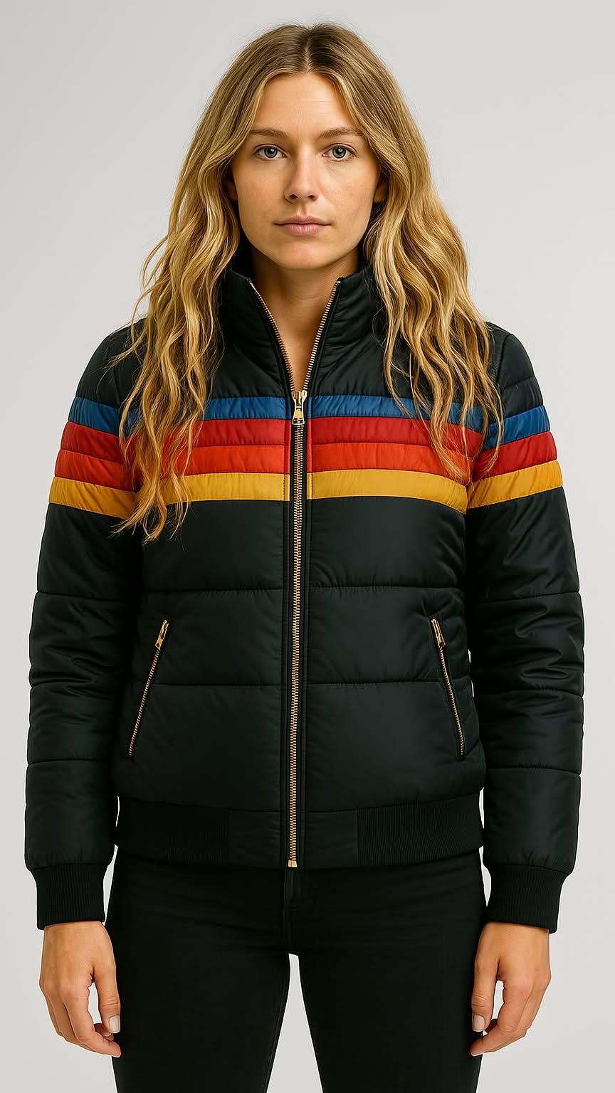 Multi-Stripe Waterproof Hooded Puffer Jacket