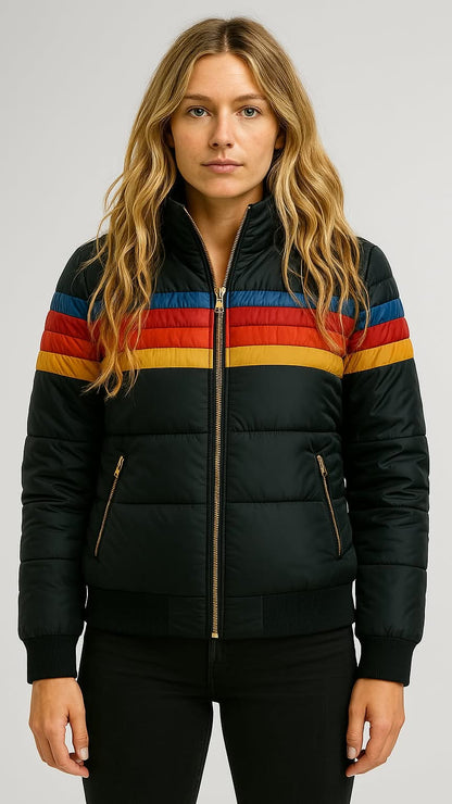Multi-Stripe Waterproof Hooded Puffer Jacket