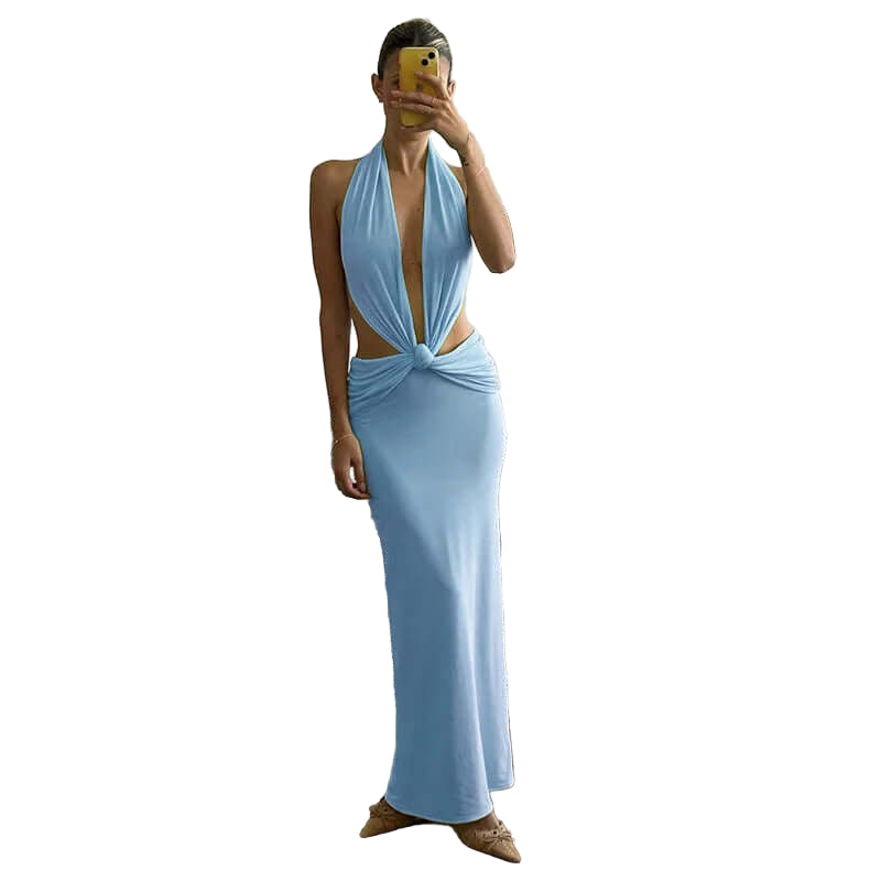 Halter Neck Dress with Knotted Front and Adjustable Open Back