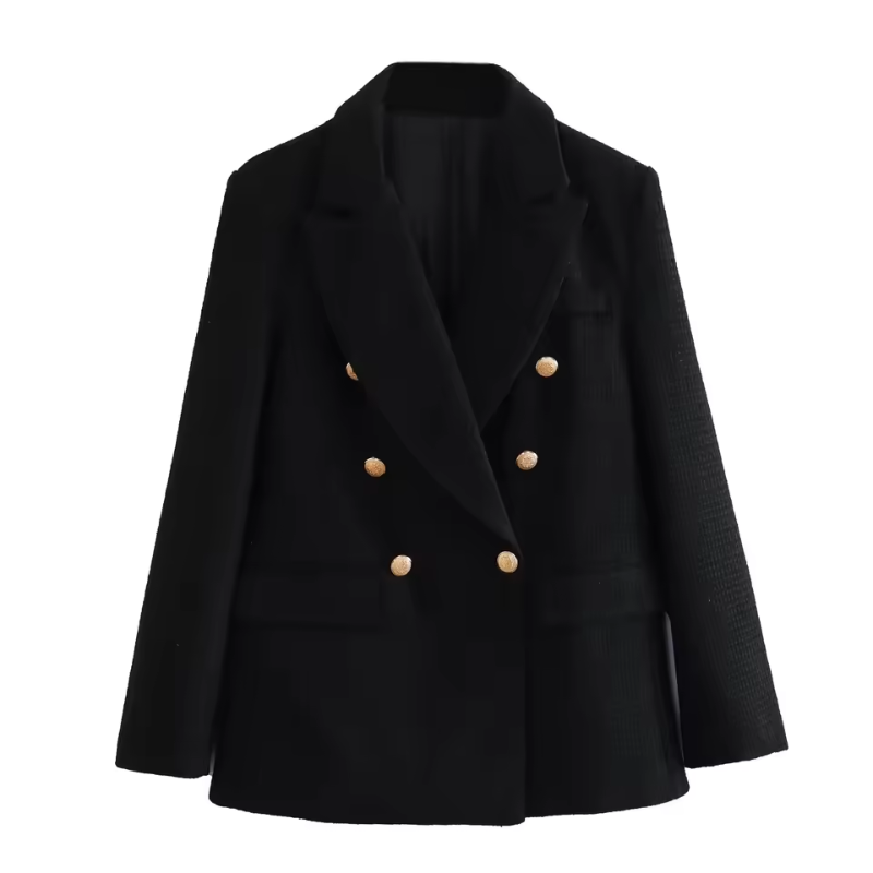 Bouclé Blazer with Gold-Tone Button Accents, Notched Lapels, and Flap Pockets