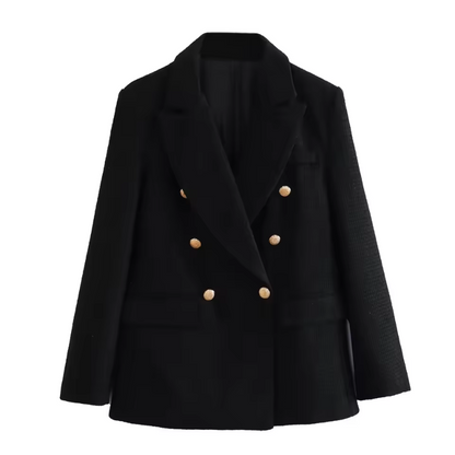 Bouclé Blazer with Gold-Tone Button Accents, Notched Lapels, and Flap Pockets