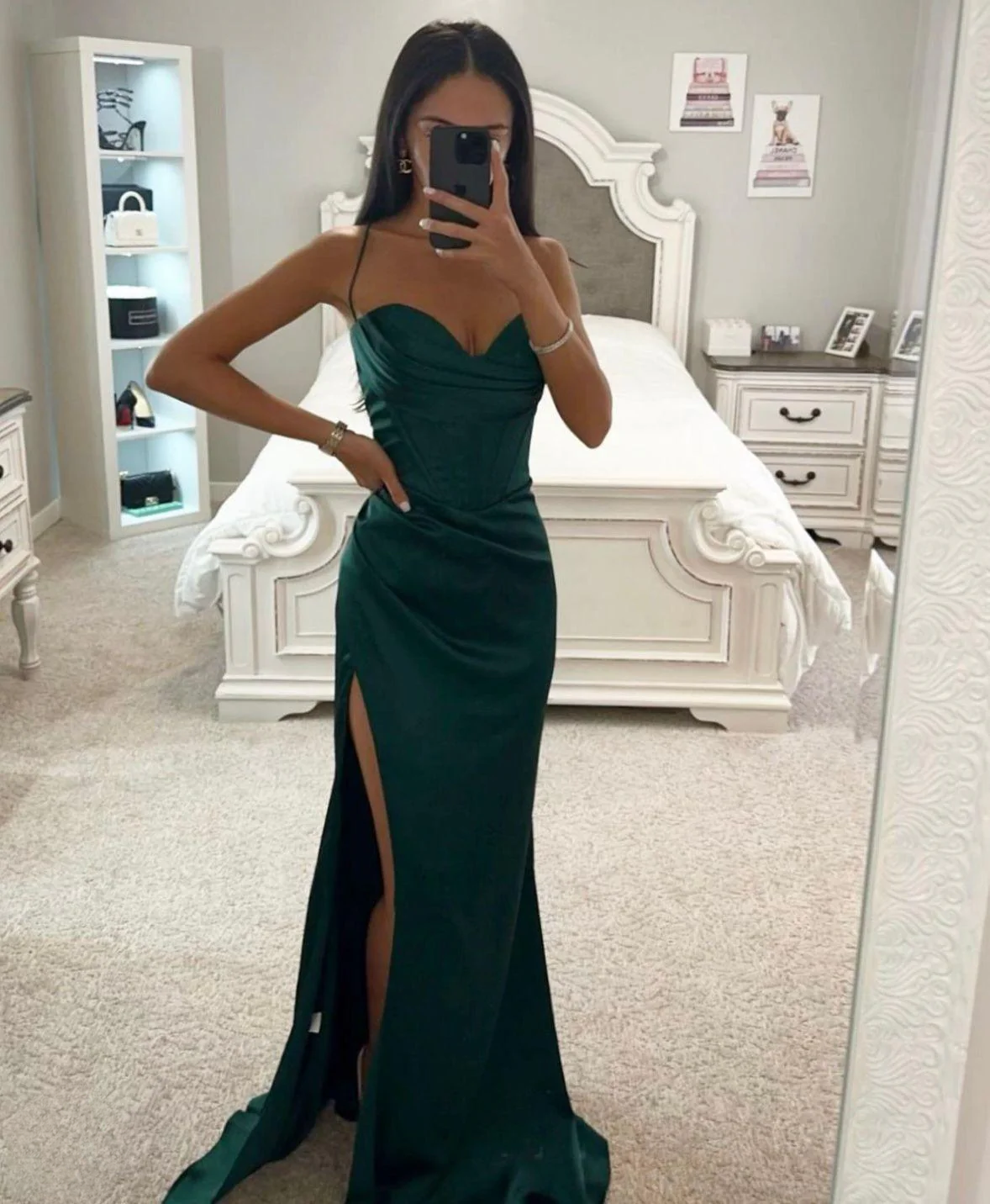 Maxi Dress with Spaghetti Straps, Corset Bodice, and High Slit