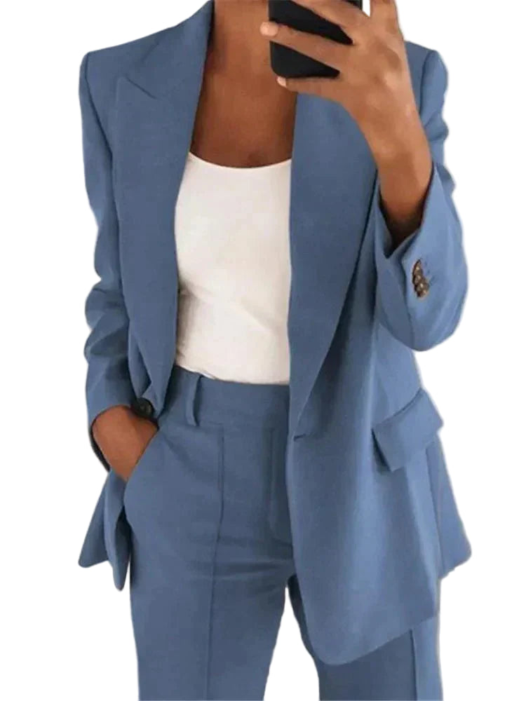 Blazer and High-Waisted Trousers Set with Angular Lapels and Tapered Leg