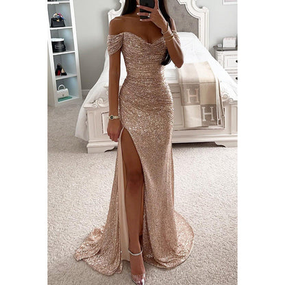 Glittery Off Shoulder Maxi Dress with Sweetheart Neckline and Thigh Slit