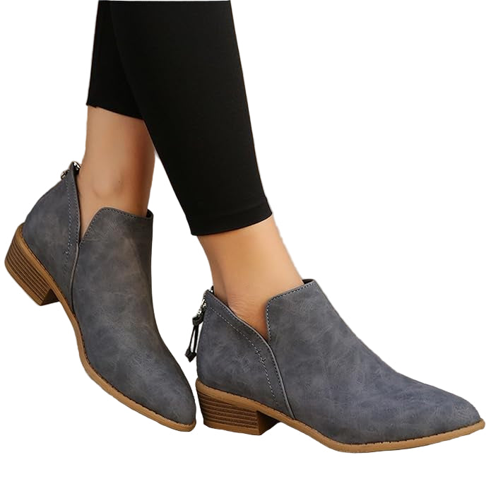 Textured Faux Suede Ankle Booties with V-Cut Front and Low Stacked Heel