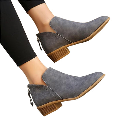 Textured Faux Suede Ankle Booties with V-Cut Front and Low Stacked Heel