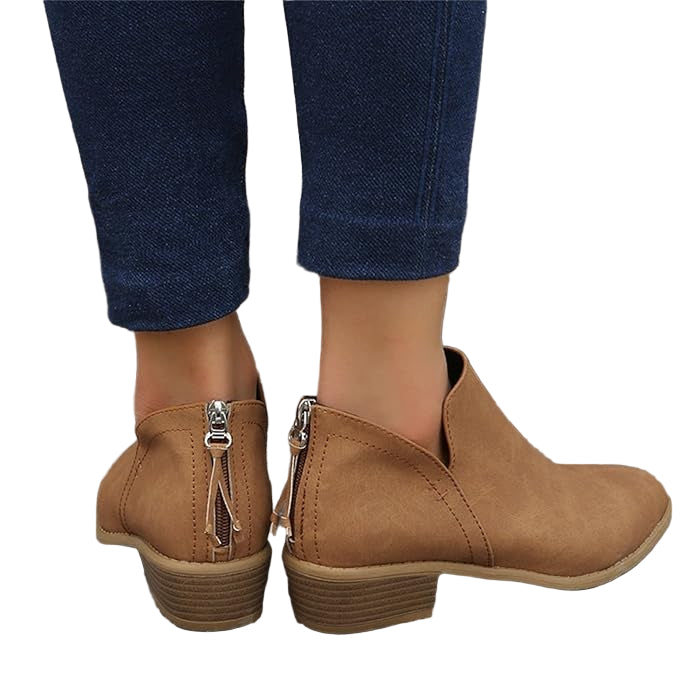 Textured Faux Suede Ankle Booties with V-Cut Front and Low Stacked Heel