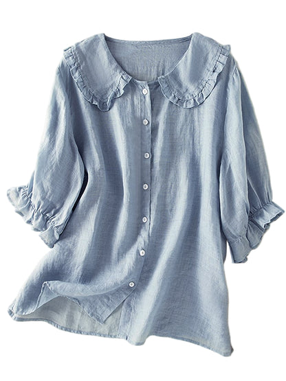 Button-Down Blouse with Ruffle Collar and Puffed Three-Quarter Sleeves
