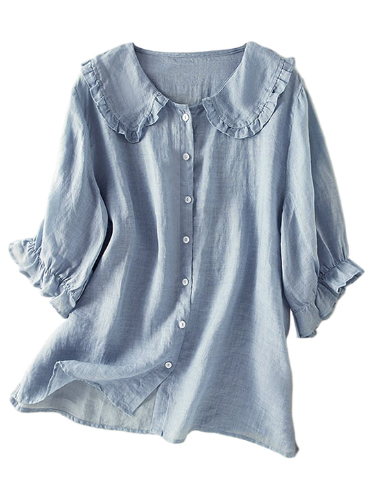 Button-Down Blouse with Ruffle Collar and Puffed Three-Quarter Sleeves
