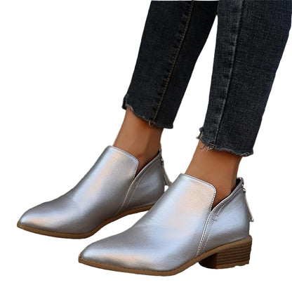 Textured Faux Suede Ankle Booties with V-Cut Front and Low Stacked Heel