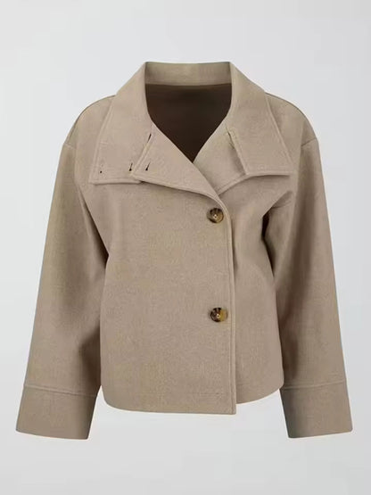 Single-Breasted Cropped Jacket with Wide Collar and High Neckline Detail