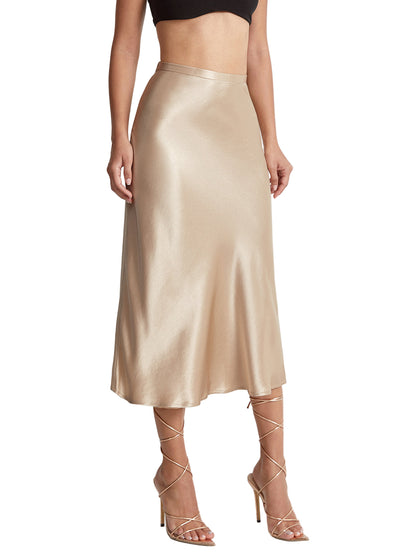 High-Waist Midi Satin Skirt with Side Zipper and Flowing Silhouette