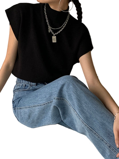 Sleeveless High-Neck Knit Top with Structured Cap Sleeves