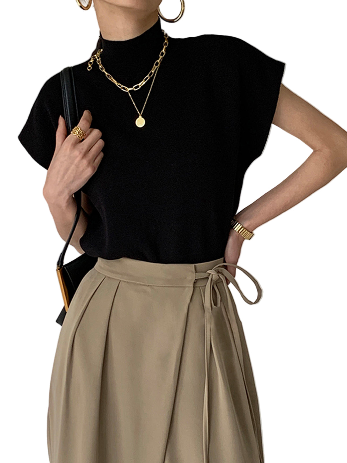 Sleeveless High-Neck Knit Top with Structured Cap Sleeves