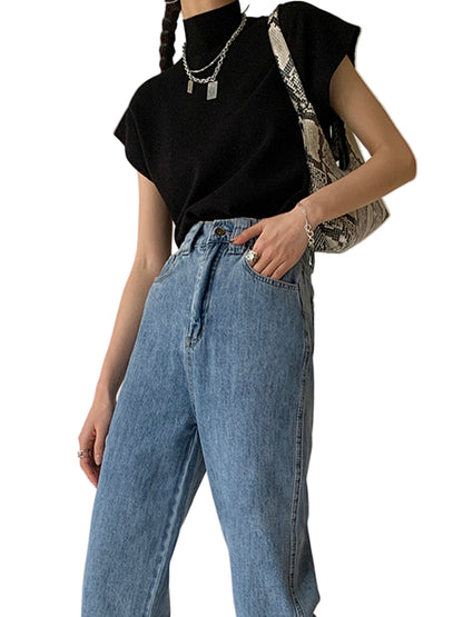 Sleeveless High-Neck Knit Top with Structured Cap Sleeves