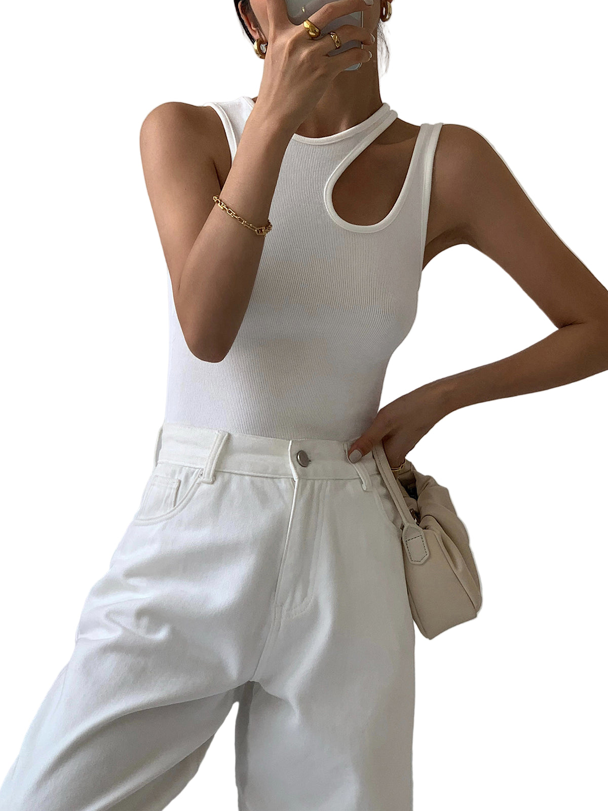 Ribbed Sleeveless Tank Top with Asymmetric Cut-Out