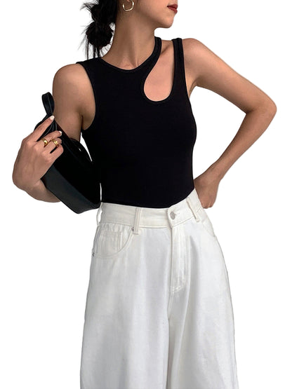 Ribbed Sleeveless Tank Top with Asymmetric Cut-Out