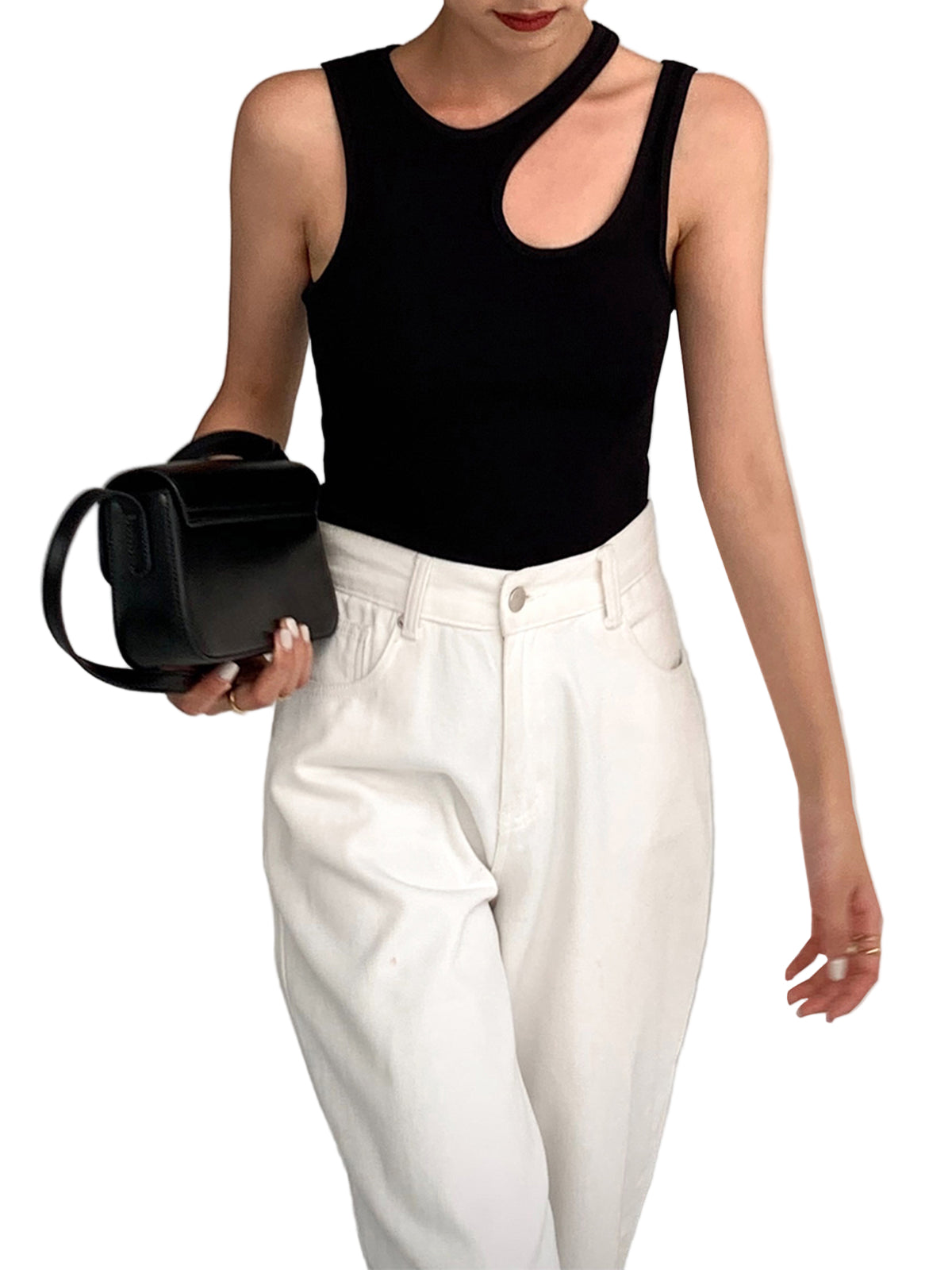 Ribbed Sleeveless Tank Top with Asymmetric Cut-Out