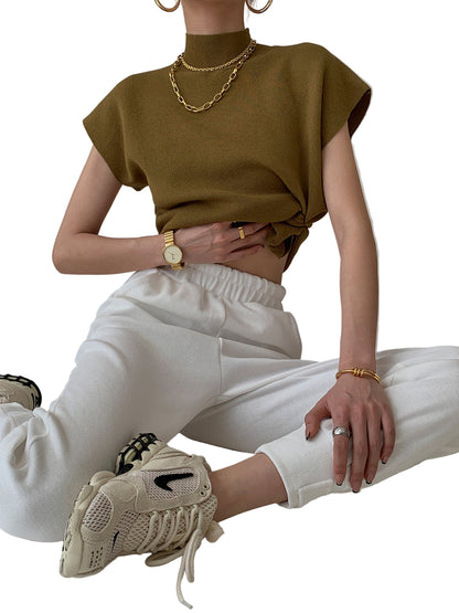 Sleeveless High-Neck Knit Top with Structured Cap Sleeves