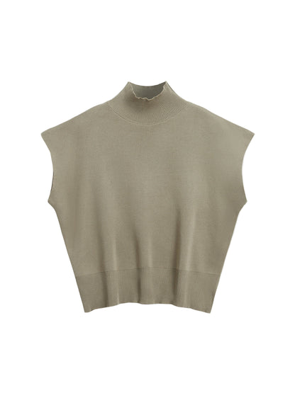 Sleeveless High-Neck Knit Top with Structured Cap Sleeves