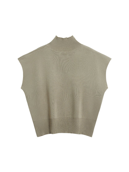 Sleeveless High-Neck Knit Top with Structured Cap Sleeves