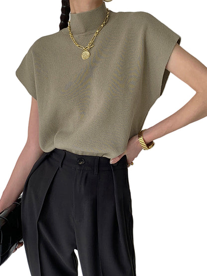 Sleeveless High-Neck Knit Top with Structured Cap Sleeves