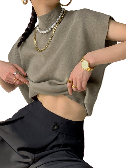 Sleeveless High-Neck Knit Top with Structured Cap Sleeves