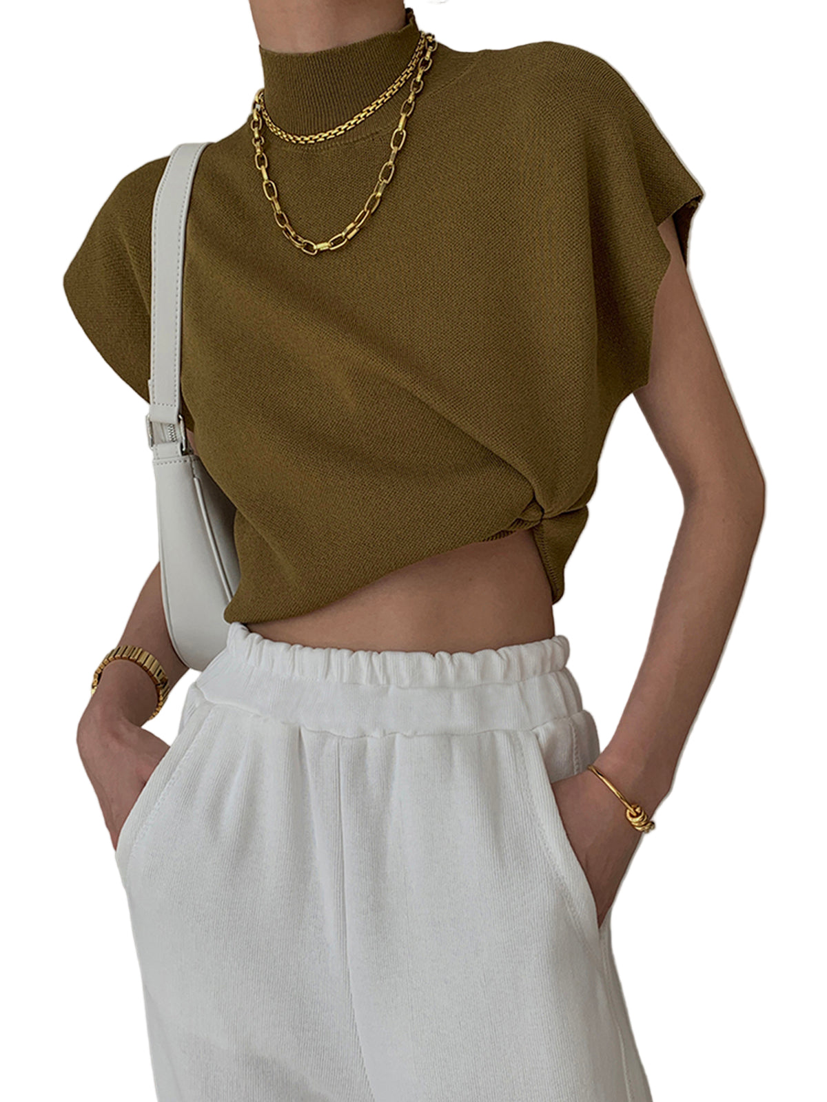 Sleeveless High-Neck Knit Top with Structured Cap Sleeves