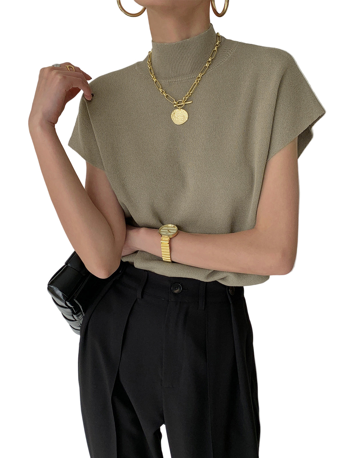 Sleeveless High-Neck Knit Top with Structured Cap Sleeves