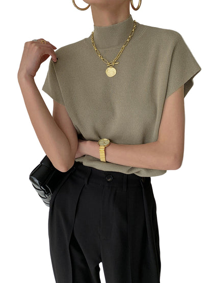 Sleeveless High-Neck Knit Top with Structured Cap Sleeves