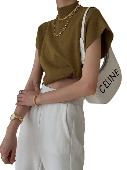 Sleeveless High-Neck Knit Top with Structured Cap Sleeves