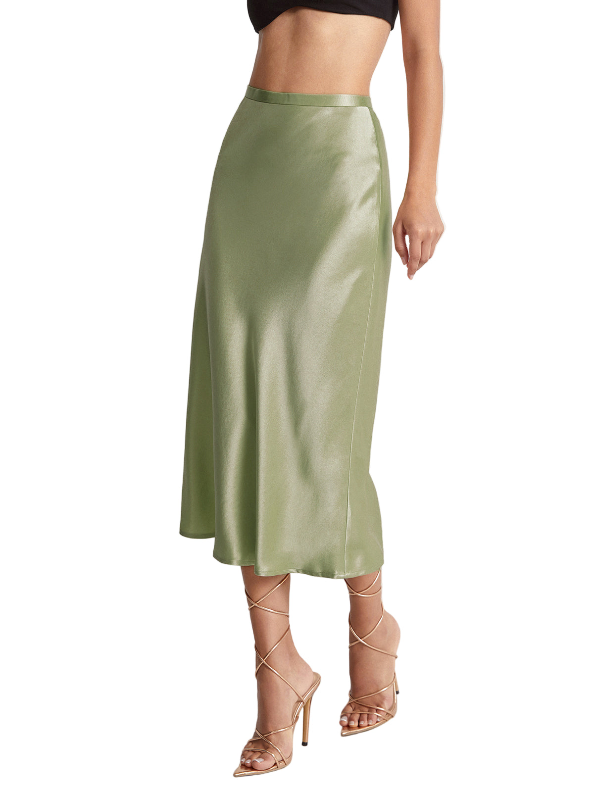 High-Waist Midi Satin Skirt with Side Zipper and Flowing Silhouette