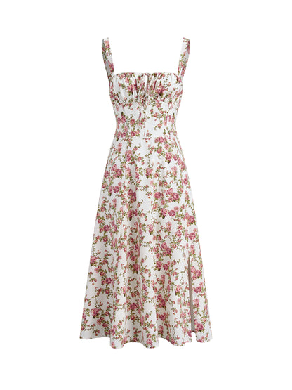 Floral Print Dress with Corset-Style Bodice and Side Slit