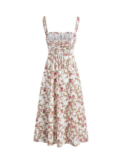 Floral Print Dress with Corset-Style Bodice and Side Slit