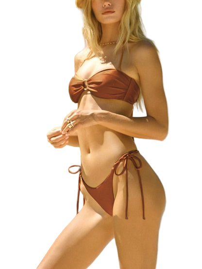 Floral-Appliqué Two-Piece Bikini with Supportive Top and Mid-Rise Bottoms