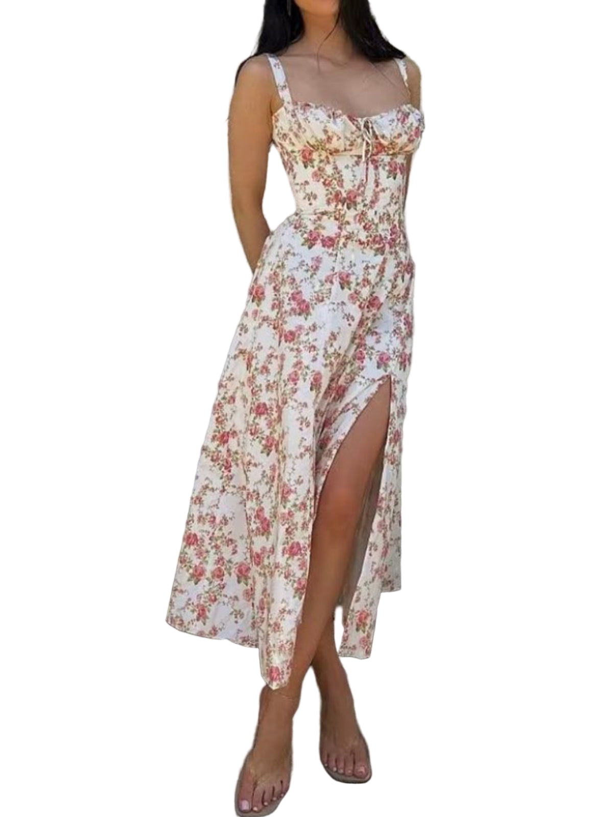 Floral Print Dress with Corset-Style Bodice and Side Slit