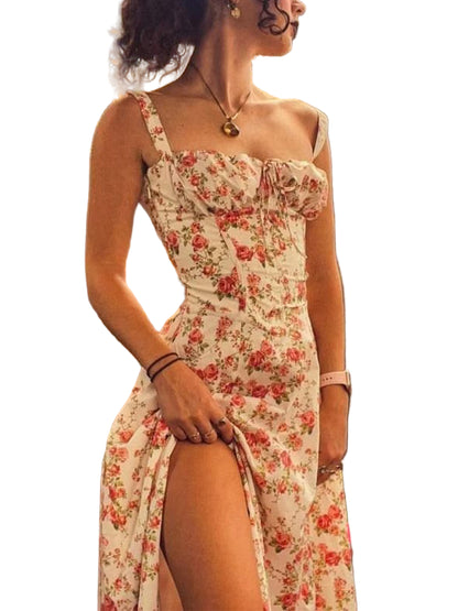 Floral Print Dress with Corset-Style Bodice and Side Slit
