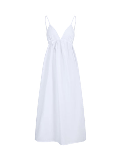 Deep V-Neck Maxi Dress with Adjustable Spaghetti Straps and Gathered Waist