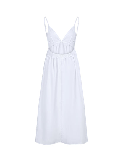 Deep V-Neck Maxi Dress with Adjustable Spaghetti Straps and Gathered Waist