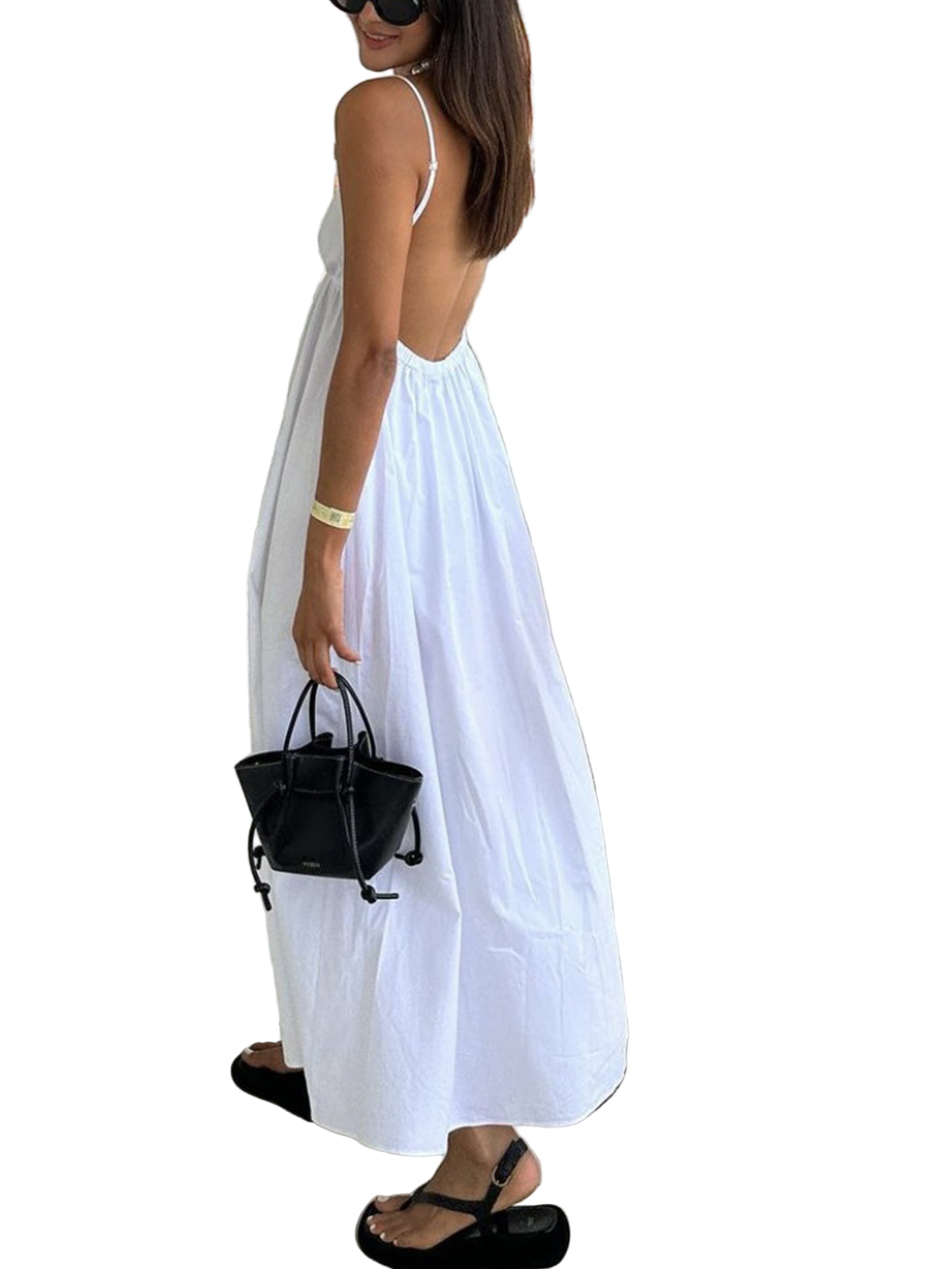 Deep V-Neck Maxi Dress with Adjustable Spaghetti Straps and Gathered Waist