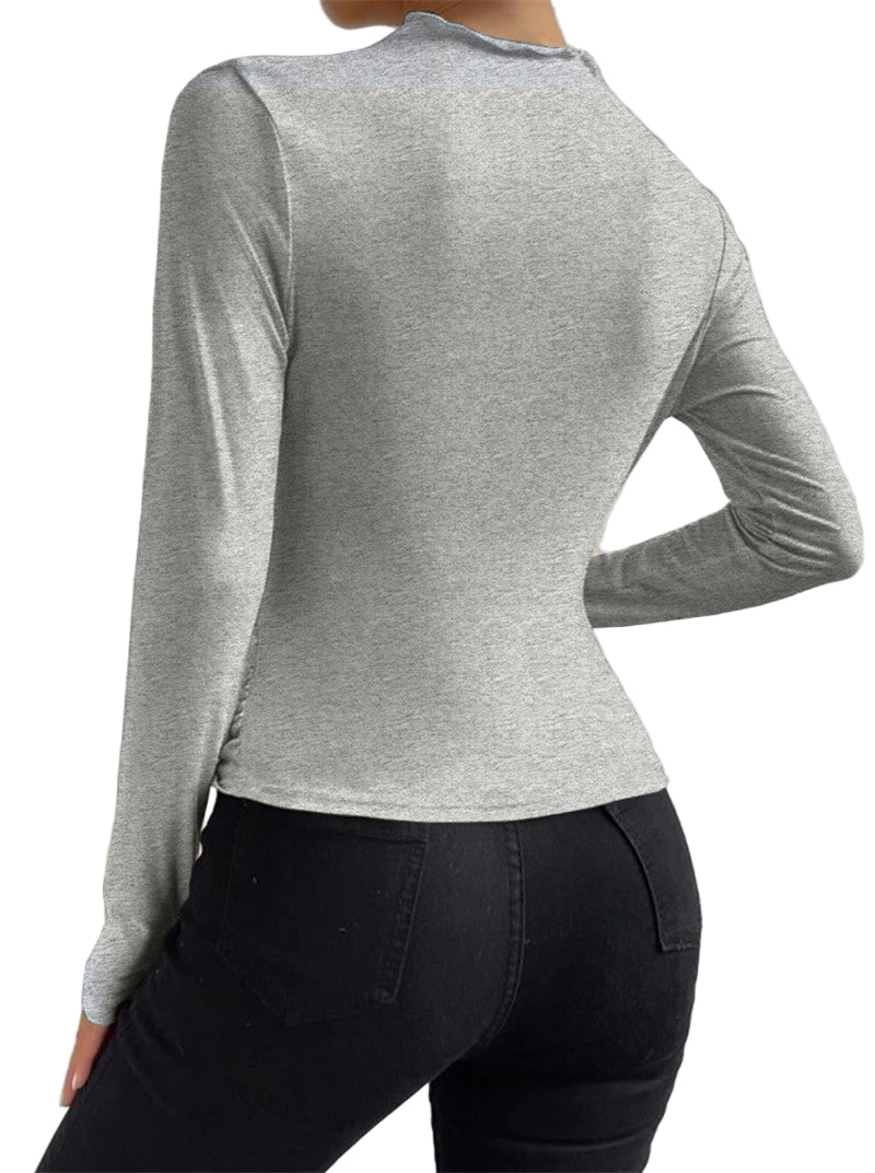 Asymmetric Pleated Long-Sleeve Top with Ruched Waist and Fitted Silhouette