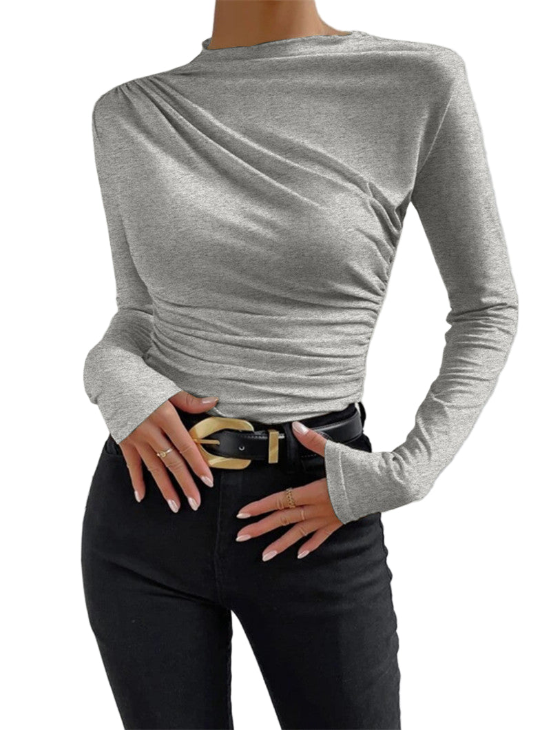 Asymmetric Pleated Long-Sleeve Top with Ruched Waist and Fitted Silhouette